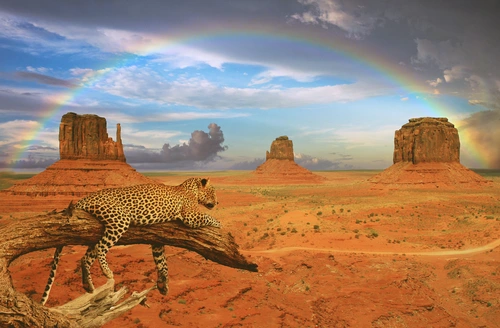 леопард, животные, пустыня, радуга, природа, облака, оранжевые